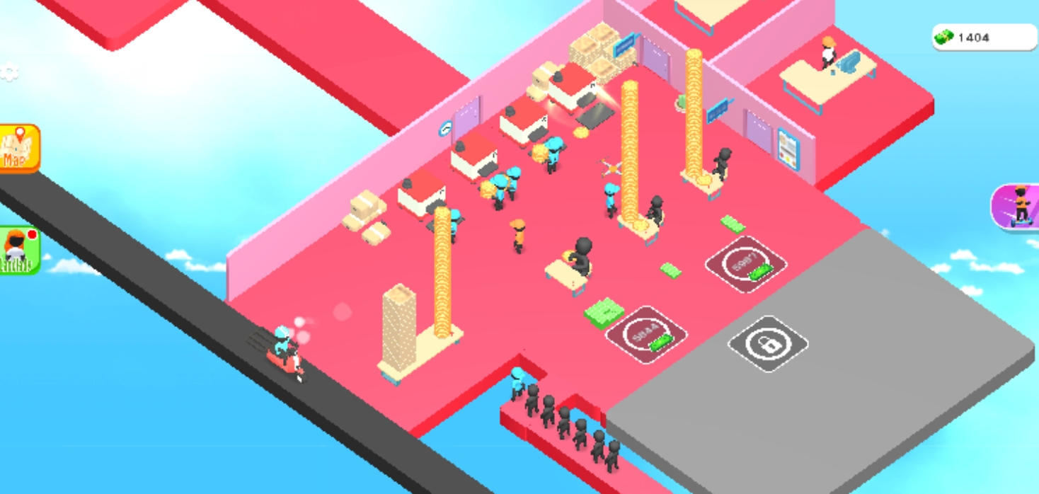 Pizza Shop kitchen stage with upgrade-ready interface and active customers